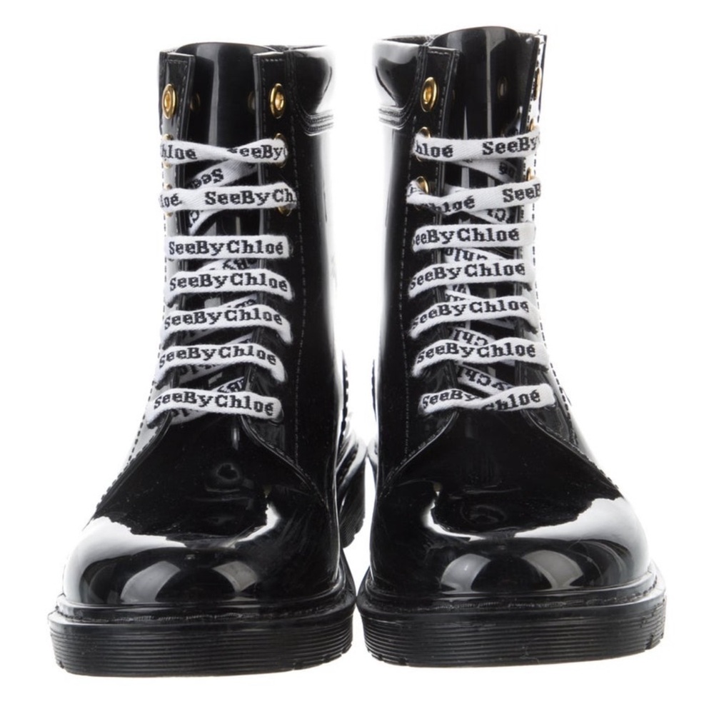 See By Chloe Black Combat Moto Rubber Rain Boots
